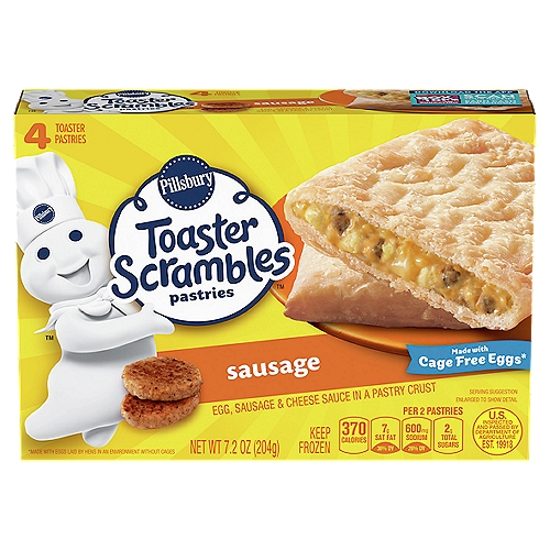 Pillsbury Toaster Scrambles Sausage Pastries, 4 count, 7.2 oz
Egg, Sausage & Cheese Sauce in a Pastry Crust

Try delicious Pillsbury™ Sausage Toaster Scrambles™ pastries! Enjoy real sausage, scrambled eggs and melted cheese sauce in a golden, flaky crust.