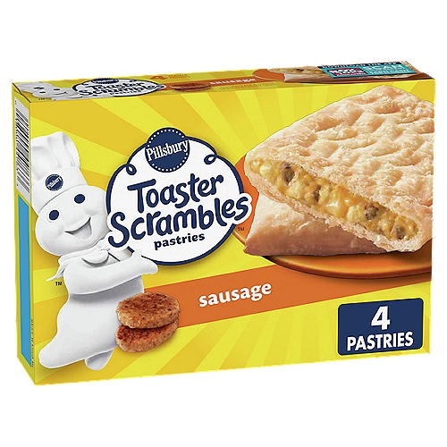 Egg, Sausage & Cheese Sauce in a Pastry CrustnnMade with cage free eggs*n*Made with Eggs Laid By Hens in an Environment Without CagesnnTry delicious Pillsbury™ Sausage Toaster Scrambles™ pastries! Enjoy real meat, scrambled eggs and melted cheese sauce in a golden flaky crust.
