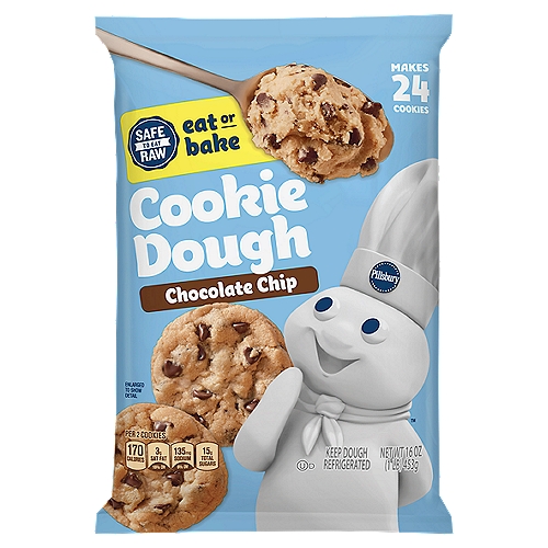 Pillsbury Chocolate Chip Cookie Dough, 16 oz
Safe to Eat Raw - Our Refrigerated Cookie Dough is Ready to Eat Raw Because We Use:
Heat treated flour
Pasteurized eggs
Ready to eat manufacturing