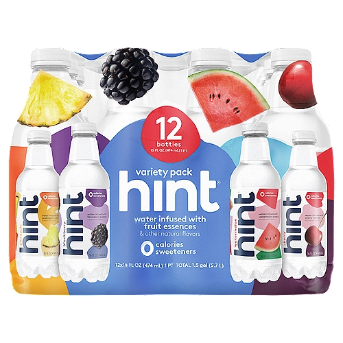 Hint Pineapple, Blackberry, Watermelon, Cherry Water Infused with Fruit Essences, 16 fl oz, 12 count
Pineapple, Blackberry, Watermelon, Cherry Water Infused with Fruit Essences Variety Pack

Water infused with fruit essences & other natural flavors