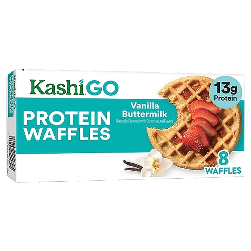 • Kashi is making planet-positive choices. We measure the amount of emissions from our manufacturing plants and invest in renewable energy projects and programs that remove the same amount of emissions from the air
• Heat them in the toaster or oven and enjoy them as a quick and easy breakfast or convenient protein snack
• An excellent source of protein; 24% of daily value per serving; A good source of fiber; Contains 11g total fat per serving; A good source of iron; 100% whole grains, Non-GMO Project Verified; Kosher Dairy; No artificial colors or flavors

Light and fluffy, Kashi GO Vanilla Buttermilk frozen waffles are made with whole wheat and hints of vanilla to help you start your day with a smile. Includes 1, 10.7-ounce box containing 8, 100% whole grain waffles. A quick and easy way to warm up your mornings, afternoons, and evenings, simply heat them in the toaster or oven for a delicious treat whenever you're craving something sweet. Each serving of Kashi GO Vanilla Buttermilk waffles provides a good source of iron and 13g of protein; they help give you the energy you need to have a great day. Top them with your favorite fruit, maple syrup or even ice cream; there are endless options for enjoying Kashi GO Vanilla Buttermilk frozen waffles. Anytime is the right time for Kashi GO Peanut Butter Crunch cereal. Kashi is making planet-positive choices to lower our company's impact on climate change. We measure the amount of emissions from the manufacturing plants that create our foods and invest in renewable energy projects and programs in the US that remove the same amount of emissions from the air.
