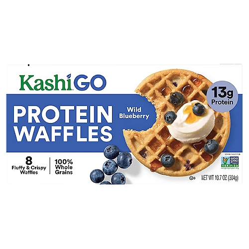 Kashi GO Frozen Protein Waffles, Whole Grain Waffles, Wild Blueberry, 10.7oz Box, 8 Waffles
Light and fluffy, Kashi GO Wild Blueberry frozen waffles are made with whole wheat and real blueberries to help you start your day with a smile. Includes 1, 10.7-ounce box containing 8, 100% whole grain waffles. A quick and easy way to warm up your mornings, afternoons, and evenings, simply heat them in the toaster or oven for a delicious treat whenever you're craving something sweet. Each serving of Kashi GO Wild Blueberry waffles provides a good source of iron and 13g of protein; they help give you the energy you need to have a great day. Top them with your favorite fruit, maple syrup or even ice cream; there are endless options for enjoying Kashi GO Wild Blueberry frozen waffles. Anytime is the right time for Kashi GO Peanut Butter Crunch cereal. Kashi is making planet-positive choices to lower our company's impact on climate change. We measure the amount of emissions from the manufacturing plants that create our foods and invest in renewable energy projects and programs in the US that remove the same amount of emissions from the air.