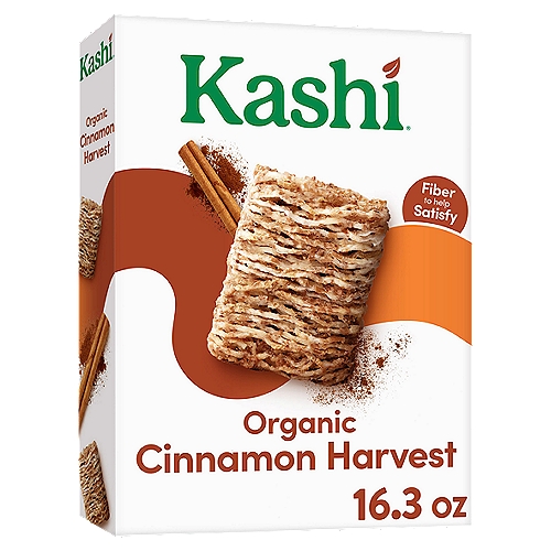 Deliciously crunchy and full of cinnamon spice, enjoy this breakfast cereal in the morning or any time of day
Made with just four ingredients, this delicious cereal packs in over 100% of the recommended daily amount of whole grains, plus 7g of fiber
Excellent source of fiber; 52g whole grains; 100% vegan; Organic; Non-GMO Project Verified; Kosher Pareve; Contains wheat ingredients
Wake up and enjoy the tempting flavor of hearty whole grain biscuits topped with cinnamon in each bite of Kashi Cinnamon Harvest Cereal. This 100% whole grain breakfast cereal contains 7g of protein and 7g of fiber per serving. Organic, vegan, and Non-GMO Project Verified, Kashi Cinnamon Harvest Cereal combines delicious flavors with key nutrients making it a quick and easy way to make every morning a little brighter; Kashi Cinnamon Harvest cereal is a tasty snack anytime. Pack reusable baggies of cereal in your backpack for a delicious treat between meals. Whether you're starting or ending your day, Kashi Cinnamon Harvest Cereal is a wholesome choice for satisfying your hunger. 