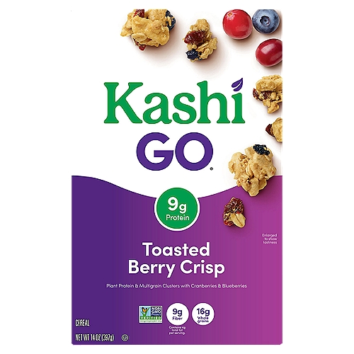 Kashi Go Toasted Berry Crisp Cereal, 14 oz
Treat yourself to the delicious taste of crispy multigrain clusters, tangy cranberries, and sun-ripened blueberries in every bite of Kashi GO Toasted Berry Crisp breakfast cereal. Includes 1, 14-ounce box of breakfast cereal. Whether it's starting the morning with a bowlful or enjoying as a midday snack, Kashi GO cereal delivers the sweet taste of blueberries and cranberries that's sure to please. Both vegan and Non-GMO Project Verified, each serving provides 9g of protein and 9g of fiber; Kashi GO Toasted Berry Crisp breakfast cereal is the perfect way to power your day. Enjoy with your favorite milk or pair with fruit or yogurt for a delicious breakfast. For a portable snack, pack reusable baggies into your purse, lunch box or gym bag. Kashi GO Toasted Berry Crisp cereal also makes a great after dinner treat by the handful or as a topping on your favorite ice cream. Anytime is the right time for Kashi GO Toasted Berry Crisp breakfast cereal.