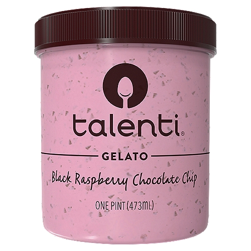 Talenti Gelato Black Raspberry Chocolate Chip 1 pint
Our creamy Black Raspberry Chocolate Chip Gelato combines black raspberries from a father-daughter run raspberry farm in Oregon with rich chocolatey chips, blending together the best of both tart and sweet in one frozen treat of chocolate chips and raspberry gelato. If you love the flavor combination of chocolate and fruit, you won't be able to resist this frozen snack.
At Talenti, we believe the best process and highest quality ingredients results in the best tasting gelato, sorbetto and frozen desserts. We start with fresh milk and cream and make each flavor from scratch with the highest-quality ingredients sourced from all around the world. With every recipe, Talenti adds a twist to make each pint extra special. Finally, we use an old-world process that involves slow cooking our ingredients in small batches to bring out delicious flavors for a one-of-a-kind frozen dessert. Our sorbetto and gelato flavors are creamy, smooth and indulgent desserts, perfect for any occasion. Our gelato is packaged in clear BPA-Free plastic jars so when you've finished your pint, you can reuse your jar #Pintcycling or recycle (rinse and replace the lid first)!

In addition to our classic Gelato flavors, Talenti has Gelato Layers frozen dairy desserts, Dairy Free Sorbettos, Organic Gelato and flavors that are Gluten Free and/or vegan. All of our flavors are made with Non-GMO sourced ingredients. Try all of our flavors and discover why Talenti is Crafted for Taste, Clearly Talenti. 

Please note: Talenti jars are not microwave or dishwasher safe
All ingredients in Talenti have been evaluated by Where Food Comes From, Inc., to our Non-GMO policy.