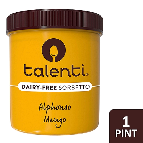Talenti Sorbetto Alphonso Mango 1 pint
Looking for a delicious non-dairy ice cream alternative? Try Talenti Alphonso Mango Dairy-Free Sorbetto, a flavorful vegan frozen dessert. Each pint of Talenti Alphonso Mango is crafted with 1.25 cups of sweet mangos from Marahashtra, India -- home to the sweetest mangos in the world (in our humble opinion). This sorbetto features the finest, ripe mangos and a hint of lemon juice for brightness. It's a clear winner if you're in need of a dairy-free and vegan ice cream alternative, though we think it's perfect for everyone. 
At Talenti, we believe the best process and ingredients result in delicious gelato and sorbetto. That's why we source the highest-quality ingredients from all around the world. Then, we package our products in clear, BPA-free jars that can be recycled and reused any way you like. Please note that Talenti jars are not microwave or dishwasher safe. (For clever reuse ideas, check out #Pintcycling on Instagram). In addition to Talenti Gelato, Talenti has Dairy-Free Sorbettos, Organic Gelato and Gelato Layers -- 5 layers of the ultimate indulgence. All our products are made with non-GMO sourced ingredients which have been evaluated by Where Food Comes From, Inc., and adhere to our Non-GMO Sourced Standards. Try all our flavors and discover what makes Talenti so special.