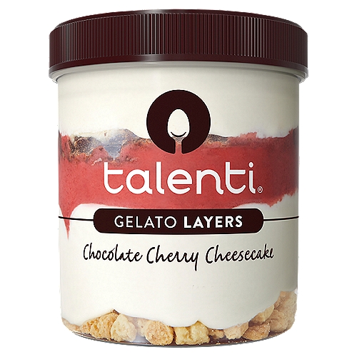 Talenti Chocolate Cherry Cheesecake Gelato Layers, 10.8 oz
All ingredients in this product have been evaluated by Where Food Comes From, Inc., to our non-GMO policy. 

5 Layers
Cheesecake gelato
Chocolate chunks
Black cherry sauce
Cheesecake gelato
Graham cookies