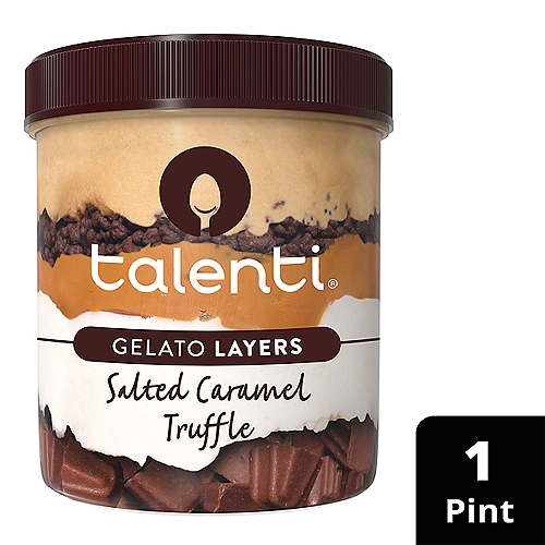 Talenti Gelato Layers Salted Caramel Truffle 1 pint
If you're looking for an indulgent treat, you've found the perfect frozen dessert. Talenti Salted Caramel Truffle Gelato Layers is our unique take on the classic sea salt caramel ice cream flavor. We started with a layer of our Sea Salt Caramel, added a layer of chocolatey cookies for a delicious crunch and created a third layer with our dulce de leche (think a rich, delicious caramel sauce), added vanilla gelato and finally finished with a fifth layer of chocolatey caramel truffles. At Talenti, we believe the best process and ingredients result in delicious gelato and sorbetto. That's why we source the highest-quality ingredients from all around the world. Then, we package our products in clear, BPA-free jars that can be recycled and reused any way you like. Please note that Talenti jars are not microwave or dishwasher safe. (For clever reuse ideas, check out #Pintcycling on Instagram). In addition to Talenti Gelato, Talenti has Dairy-Free Sorbettos, Organic Gelato and Gelato Layers -- 5 layers of the ultimate indulgence. All our products are made with non-GMO sourced ingredients which have been evaluated by Where Food Comes From, Inc., and adhere to our Non-GMO Sourced Standards. Try all our flavors and discover what makes Talenti so special.

Creamy Gelato with Crunchy Cookies and Silky Caramel Layers