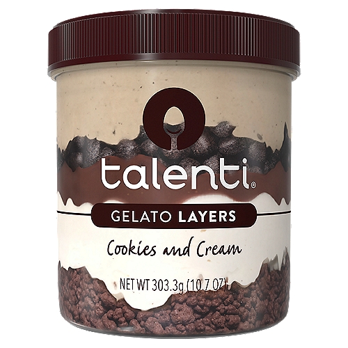 Talenti Cookies and Cream Gelato Layers, 10.7 oz
5 Layers
Cookies & cream gelato
Chocolate cookies
Dulce de leche
Vanilla gelato
Cookie crumbs