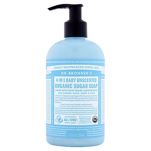 Dr. Bronner's 4-in-1 Baby Unscented Organic Sugar Soap, 12 fl oz