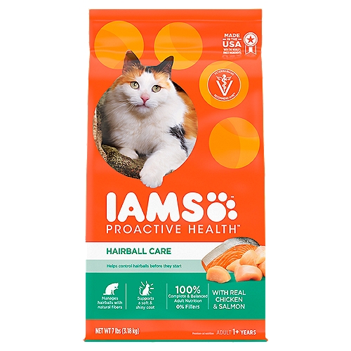 IAMS PROACTIVE HEALTH Adult Hairball Care Dry Cat Food with Chicken and Salmon Cat Kibble, 7 lb. Bag