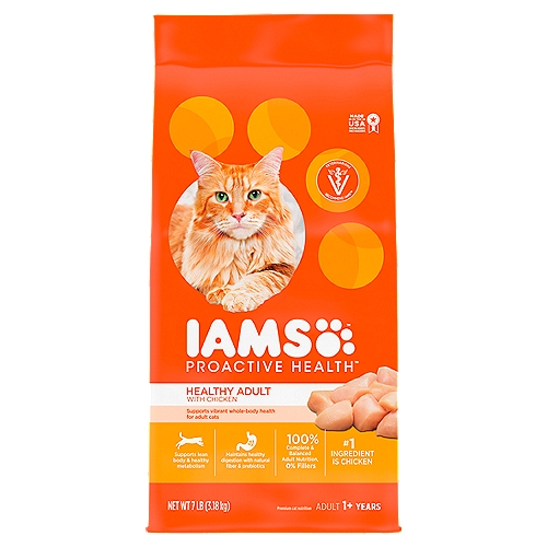 Iams Proactive Health Healthy Adult with Chicken Premium Cat Nutrition, 1+ Years, 7 lb
Keep your cats at their best with IAMS PROACTIVE HEALTH Healthy Adult Dry Cat Food with Chicken, a recipe designed to support healthy bodies and provide healthy energy for play. Chicken is the #1 ingredient in this high-quality poultry-based cat kibble, made for outdoor or indoor cat diets. It helps maintain digestive health by providing a unique, tailored fiber blend that delivers prebiotics and beet pulp, which helps support your cat's ability to absorb nutrients. Plus, the crunchy cat kibble texture helps reduce plaque buildup. If you're looking for the chicken flavor cats love, get your paws on this… and keep your feline happy, healthy, and ready to pounce with the 100% complete and balanced nutrition of IAMS.