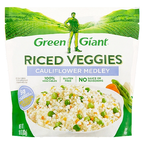 Green Giant Cauliflower Medley Riced Veggies, 10 oz
5g carbs per serving 80% fewer calories than rice†
†80% fewer calories than the leading brand of prepared white rice
†Green Giant® Riced Cauliflower Medley contains 35 calories per 1 cup serving. Leading brand of prepared white rice contains 170 calories per 1 cup serving.

Behold the power of cauliflower!
Green Giant® Riced Veggies are exciting cauliflower-based blends that are a gluten free, low-calorie food. Enjoy these veggies as a delicious alternative to rice, potatoes, and pasta.
Simply sauté or steam and use in place of traditional rice.
