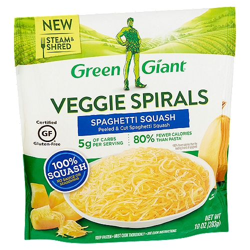 Green Giant Veggie Spirals Spaghetti Squash, 10 oz
Peeled & Cut Spaghetti Squash

80% Fewer Calories than Pasta†
†80% fewer calories than the leading brand of spaghetti
†Green Giant Veggie Spirals® Spaghetti Squash contains 31 calories and 7g of carbs per cup. Leading brand of cooked spaghetti contains 200 calories and 42g of carbs per cup.

Behold the Power of Spaghetti Squash!
Green Giant Veggie Spirals® are an exciting new take on pasta! Enjoy this spaghetti-shaped vegetable as a great alternative to traditional pasta. Cut directly from fresh spaghetti squash, with no sauce or seasoning added, Green Giant Veggie Spirals® are ready for sautéing or steaming.