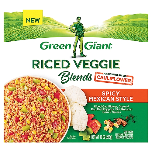 Green Giant Blends Made with Riced Cauliflower Spicy Mexican Style Riced Veggie, 10 oz
Riced Cauliflower, Green & Red Bell Peppers, Fire Roasted Corn & Spices