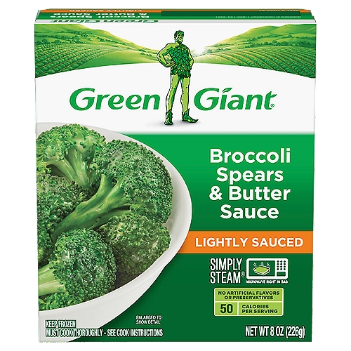 Green Giant Simply Steam Lightly Sauced Broccoli Spears & Butter Sauce, 8 oz
Fits your lifestyle and your freezer.®
Green Giant® Simply Steam® vegetables are not only delicious, they come in freezer-friendly, easy-to-stack boxes, with a microwavable pouch inside. Great for a meal, side dish or snack-anytime.