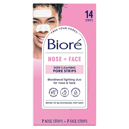 Bioré Nose + Face Deep Cleansing Pore Strips, 14 counts
Let's face it
Dirt and oil don't discriminate. The blackheads they cause can pop up anywhere, and you've got to be ready at any time to face them.

What it does
With proprietary Japanese technology, Bioré Deep Cleansing Pore Strips work like a magnet, instantly locking onto and lifting out deep-down dirt, oil and blackheads, so you get the deepest clean. Nose strips are designed just for your nose, while face strips can be used anywhere clogged pores might appear. You can remove weeks' worth of dirt buildup in just 10 minutes. When used weekly, you will have fewer clogged pores and the appearance of pores will actually diminish.

#1 Trusted Blackhead Remover*
*#1 trusted blackhead remover based on Nielsen Data latest 52 weeks ending 1/23/2021
