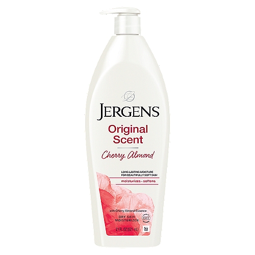 Reveal softer, more radiant skin when you smooth on Jergens Original Scent Dry Skin Body Moisturizer with Cherry Almond Essence. It provides long-lasting, moisture-rich hydration and noticeably softer, smoother skin. Our formula, with a unique HYDRALUCENCE blend, nourishing hydrators, and Jergens Cherry Almond essence, leaves skin deeply luminous and lightly scented. For Best Use: Use daily to help reveal deeply luminous, visibly softer skin. OUR STORY: Since 1901, Jergens® skin care has been the trusted brand for comforting moisture. That's because everything we do is designed to help you feel good - soothing relief from dryness, a touch of summer color, a fruity scent that makes Monday feel like Friday. We're not here to stop at skin deep. We're here to help you feel truly, deeply, skin-to-soul comfortable, with a few surprises along the way. We bottle all that up into the Feel-Good Feeling of Jergens®. Satisfaction Guarantee. Limitations may apply.