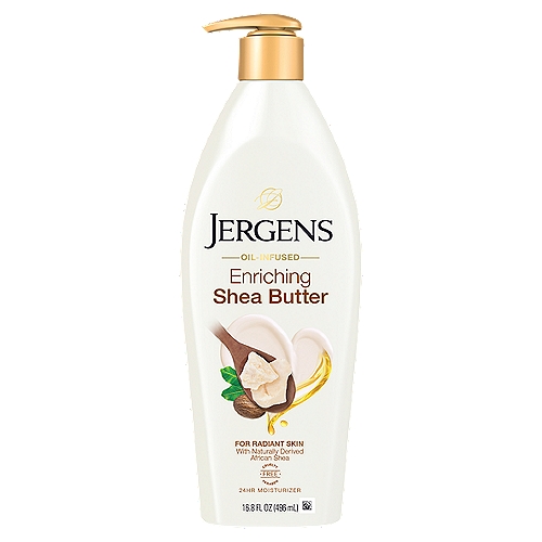 Jergens Enriching Shea Butter 24-Hour Moisturizer, 16 fl oz
Jergens Enriching Shea Butter Moisturizer melts into skin to deeply condition and enhance your natural sheen. This nourishing oil blend is infused with pure African Shea Butter, which has been used in skincare for centuries, passed down from generation to generation. Share in this beauty secret and reveal stunning, 3x more radiant skin.
Smooth it on daily and let your inner beauty shine.

Oil-infused formulas from Jergens Skincare lock in long-lasting hydration with the moisturizing power of essential ingredients to give you visibly beautiful skin.