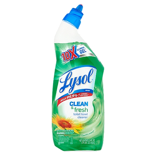 Lysol Clean & Fresh Country Scent Toilet Bowl Cleaner, 24 fl oz
10x clinging gel∞
∞10x more clinging vs. Lysol with Hydrogen Peroxide Multi-Purpose Cleaner.

Kills 99.9% of viruses & bacteria**
**Kills germs: Staphylococcus aureus, Salmonella enterica, Rotavirus WA and Influenza A virus.

Important Facts About This Product:
• Contains no phosphates.
