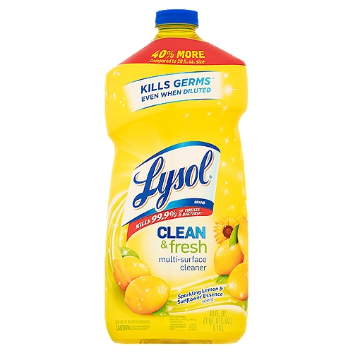 Lysol Clean & Fresh Sparkling Lemon & Sunflower Essence Scent Multi-Surface Cleaner, 40 fl oz
Kills germs** even when diluted

Kills 99.9% of viruses & bacteria**
**Kills Escherichia coli O157:H7, Listeria monocytogenes, Salmonella enterica, Staphylococcus aureus, Streptococcus pyogenes, Rotavirus WA, and Respiratory Syncytial virus on hard, non-porous surfaces in 6 minutes.
Kills 99.9% of Enterobacter aerogenes and Staphylococcus aureus on hard, non-porous surfaces in 60 seconds.