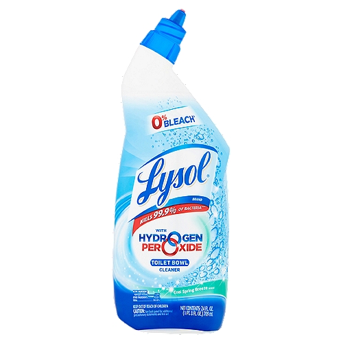 Lysol Cool Spring Breeze Scent Toilet Bowl Cleaner, 24 fl oz
0% bleach*
*No chlorine bleach

Kills 99.9% of bacteria***
***Kills 99.9% of Staphylococcus aureus and Enterobacter aerogenes on hard non-porous surfaces in 5 minutes as a toilet bowl sanitizer, above the water line.