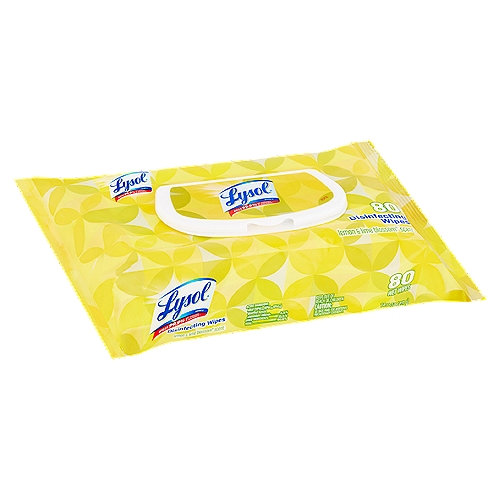 Lysol Lemon & Lime Blossom Scent Disinfecting Wipes, 80 count, 14.5 oz
Kills 99.9% of Viruses & Bacteria**

Use this product as a convenient way to clean and disinfect your household surfaces. Each pre-moistened, disposable wipe kills germs** wherever you use it. No bottles, no sponges, no mess. Effective disinfecting has never been easier. Kills 99.9% of Enterobacter aerogenes and Staphylococcus aureus in 10 seconds.
**Kills Salmonella enterica (Salmonella), Influenza A Virus (H1N1), Herpes Simplex Virus Type 1, Staphylococcus aureus, Escherichia coli 0157:H7 and Respiratory Syncytial Virus on hard, non-porous surfaces in 4 minutes.

Great for use on sink & counter††††, refrigerator exteriors††††, bathtub & faucets, shower areas, light switches, door knobs, laptops & tablets, smartphones.
Unplug small electrical appliances before use. Not recommended for bare wood surfaces. Do not use on dishes, glasses, or utensils.
††††For surfaces that come in contact with food: Use only on hard, non-porous surfaces and rinse thoroughly with water.
