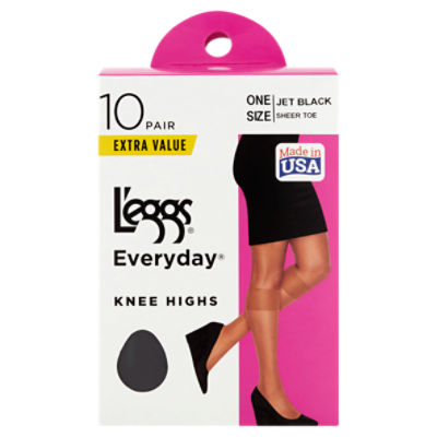 L'eggs Everyday One Size Jet Black Sheer Toe Knee Highs Extra Value, 10 pair