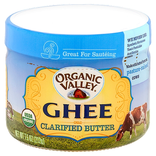 Organic Valley Clarified Butter Ghee, 7.5 oz
Pasture-Raised with Love™
Honoring a traditional Indian method, pure Organic Valley butter is slow cooked to coax out the milk solids and excess water while presenting the nutritional benefits of pasture-raised organic butter. What remains is delicious ghee with a rich, buttery taste and aroma.
Use our ghee just like you would use butter. It's great for baking, as a topping for vegetables, toast or pancakes and it has a higher smoke point than butter so it's great for high-heat sautéing.