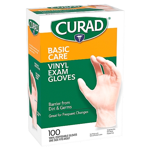 Curad Basic Care Vinyl Exam Gloves, 100 count
Light, flexible protection that's good for medical care, food prep, light cleaning, and crafts.