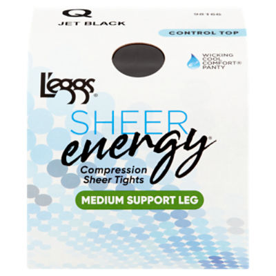 Leggs Sheer Energy Pantyhose, Light Support Leg, Control Top, Sheer Toe, Q,  Jet Black, Cuidado personal