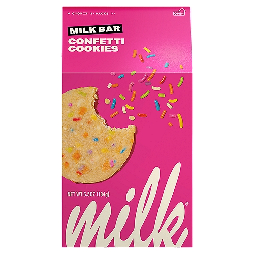 Milk Bar Milk Confetti Cookies, 4 count, 2 pack, 6.5 oz
If a Cookie Had a Birthday Party.
Confetti takes your classic sugar cookie and gives it the rainbow treatment-a buttery vanilla confection with a burst of colorful sprinkles.