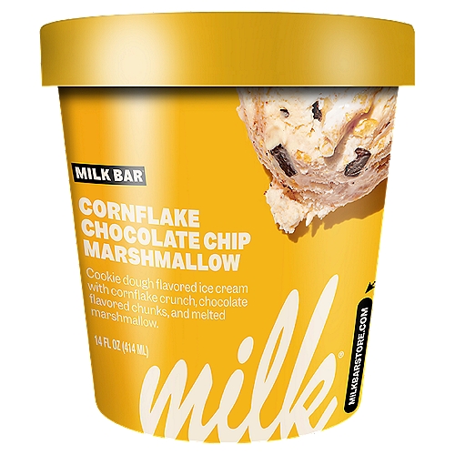 Milk Bar Cornflake Choc Chip Marshmallow Ice Cream, 14 fl oz
Cookie Dough Flavored Ice Cream with Cornflakes Crunch, Chocolate Flavored Chunks, and Melted Mashmallow