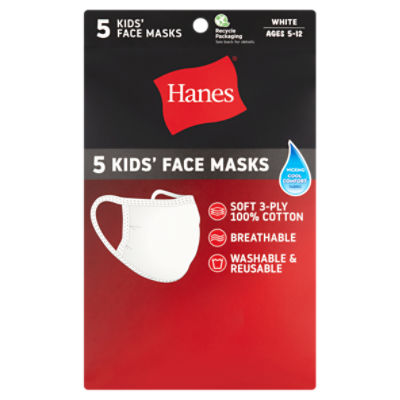 Hanes White Kids' Face Masks, Ages 5-12, 5 count, 5 Each