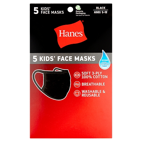 Hanes Black Kids' Face Masks, Ages 5-12, 5 count
