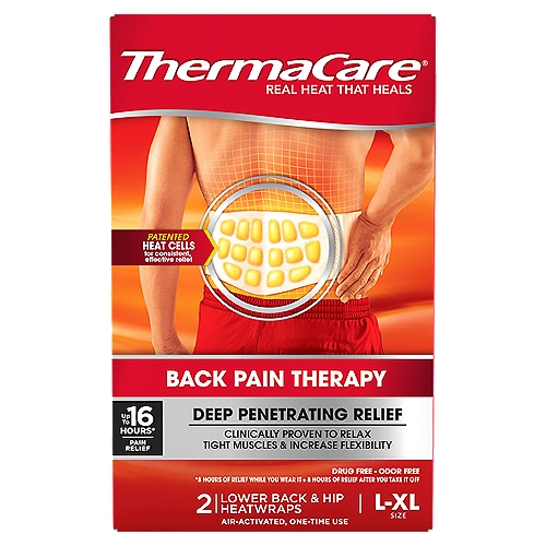ThermaCare Deep Penetrating Relief Lower Back & Hip Heatwraps, L-XL Size, 2 count
Up to 16 Hours* Pain Relief
• 8 Hour of Relief While You Wear It + 8 Hours of Relief After You Take It Off

Uses
■ Provides heat therapy for temporary relief of minor muscular and joint aches and pains associated with overexertion, strains, sprains, and arthritis.

The ThermaCare® Difference
Deep Penetrating Heat, Increases Blood Flow, Accelerates Healing