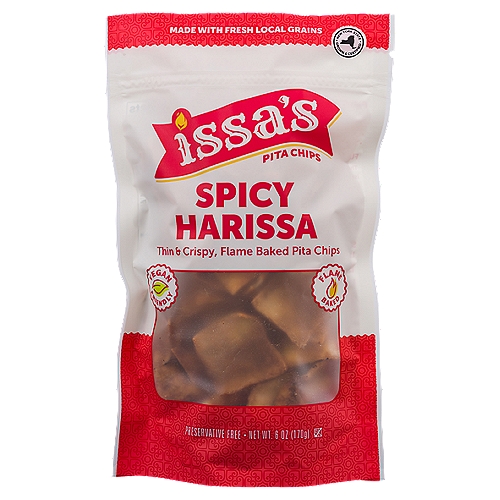 Issa's Spicy Harissa Pita Chips, 6 oz
Pair with your favorites:
• Hummus & tzatziki
• Sliced cheese & nuts
• Aioli & cheese spreads
• Salad & casserole topping
• Kefir cheese
• Olive tapenade
• Cream cheese

Flame Baked for the Perfect Crisp
The unique appearance, texture, and taste of Issa's Pita Chips are derived from an old world baking technique that's been passed down from generation to generation. In Lebanese culture, this is the only way Pita Chips are baked. With a sprinkle of traditional spice, Issa's Spicy Harissa Pita Chips offer you a unique and satisfying way to snack!