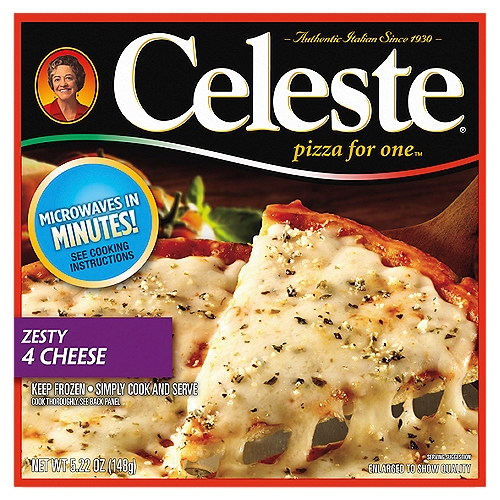 Celeste Zesty 4 Cheese Pizza for One, Individual Microwavable Frozen Pizza, 5.22 oz.
When you are craving delicious cheese pizza, try Celeste Zesty 4 Cheese Pizza for One, Individual Microwavable Frozen Pizza. Tasty thin crust, topped with savory sauce and a zesty four-cheese blend for homemade-quality pizza the whole family will love. This microwave meal cooks in 2 minutes so it is perfect for a quick lunch, dinner or anytime meal. Celeste: Authentic Italian Since 1930.