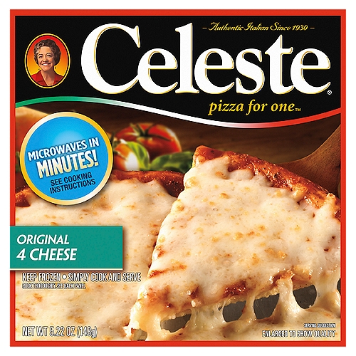Celeste Original 4 Cheese Pizza for One, Individual Microwavable Frozen Pizza, 5.22 oz.
When you are craving delicious cheese pizza, try Celeste Original 4 Cheese Pizza for One, Individual Microwavable Frozen Pizza. Tasty thin crust, topped with savory sauce and a gooey four-cheese blend for homemade-quality pizza the whole family will love. This microwave meal cooks in 2 minutes so it is perfect for a quick lunch, dinner or anytime meal. Celeste: Authentic Italian Since 1930.