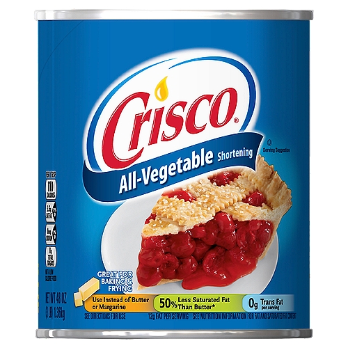 Crisco All-Vegetable Shortening, 48 oz
Crisco Shortening: 3.5 saturated fat per tablespoon
Butter: 7g saturated fat per tablespoon
Crisco Shortening contains 12g total fat per serving

Contains 710mg of ALA per Serving, which is 44% of the 1.6g Daily Value for ALA.