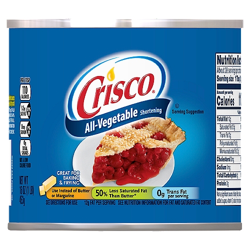 Crisco All-Vegetable Shortening, 16 oz
50% less saturated fat than butter*
*50% less saturated fat than butter Crisco Shortening:
3.5 saturated fat per tablespoon
Butter: 7g saturated fat per tablespoon
Crisco Shortening contains 12g total fat per serving

Contains 710mg of ALA per Serving, which is 44% of the 1.6g Daily Value for ALA.