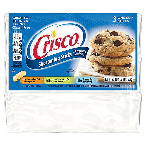 Crisco Shortening Sticks, 3 count, 20 oz
50% less than saturated fat than butter*
*50% Less Saturated Fat than Butter

Contains 710mg of ALA per Serving, which is 44% of the 1.6g Daily Value for ALA.

Crisco® Shortening: 3.5g Saturated Fat per Tablespoon
Butter: 7g Saturated Fat per Tablespoon
Crisco Shortening Contains 12g Total Fat per Serving.

Perfect for all your favorite recipes:
Cookies, cakes, frosting, biscuits, frying