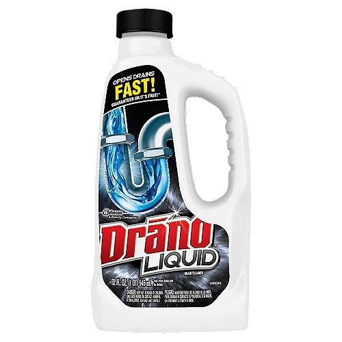 Drano Liquid Drain Cleaner, 32 oz
Drano Liquid Drain Cleaner flushes clogs away quickly. It works great to remove hair, soap scum, and other gunky clogs. Clogs happen, but with Drano you and your drains are unstoppable.

• Starts working on contact to break down clogs
• Safe on PVC, metal pipes, garbage disposals and septic systems
• Opens drains fast guaranteed or it's free
• Won't harm pipes when used overnight
• Contains no phosphorus