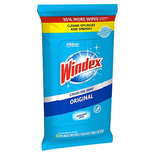 Description: Windex Original Wipes offer an easy way to get a streak-free shine almost anywhere. Add a little sparkle to your life any time -- grab a wipe for quick touchups or to clean smaller glass surfaces like framed photos or mirrors. Use to clean: bathroom mirrors, glass microwave doors, picture frames and more. Give Life a Sparkle with Windex cleaners! Bullet 1: Windex Original Wipes are perfect for quick touch-ups around your home Bullet 2: Removes fingerprints, smudges and smears Bullet 3: Leaves a streak-free shine and fresh, pleasant fragrance Bullet 4: Lightens and brightens your home leaving it sparkling clean Bullet 5: Convenient flat pack is easy to store anywhere 35% More Wipes Compared to 28ct Windex Glass & Surface Wipes are the easiest way to clean your glass and shiny surfaces to a beautiful streak-free shine. Streak-Free Shine on Glass and More! Windows, glass tables, mirror and more