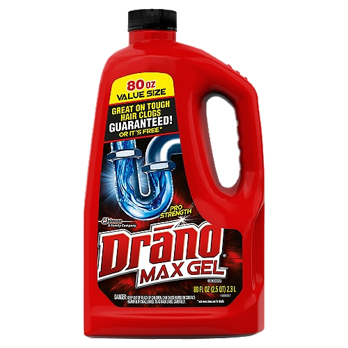 Drano Max Gel Clog Remover is the #1 Selling Gel Drain Cleaner*. The thick bleach formula in Drano Max Gel Clog Remover cuts right through standing water, clinging to your toughest clogs to blast them fast. It works great to remove hair, soap scum, and other gunky clogs. Conquer tough clogs whenever they happen. *SC Johnson & Sons, Inc. calculation based in part on data reported by Nielsen through its ScanTrack Service for the Drain and Disposal Cleaners category for the 26-week period ending 09/26/2020, for the total U.S. market, xAOC, according to the Nielsen standard product hierarchy. Copyright 2020, Nielsen Consumer LLC.

• Drano Max Gel Clog Remover is the #1 Selling Gel Drain Cleaner*
• Gets to work in as quick as 7 minutes
• Pours through standing water straight to the clog
• Safe for garbage disposals, bathroom, kitchen and other drains like laundry sinks
• Can leave in drains overnight
• Has an ingredient to protect pipes from corrosion