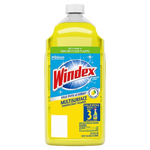 Windex Disinfectant Cleaner Multi-Surface Refill, Citrus Fresh, 2 L
Description: Kill viruses^ and bacteria† that may be hiding on your hard and non-porous surfaces, like kitchen and bathroom counters, by using Windex Multi-Surface Disinfectant Cleaner, which kills 99.9% of germs‡. This new foaming action disinfectant spray gets to work on lifting dirt and smudges right away, meaning you get a fast and easy clean. With a classic and fresh citrus scent, it leaves your bathrooms and kitchens smelling great! It's all combined in this simple to use spray, and that means you can clean, disinfect and let all the light in - all at the same time - without leaving residue behind. You can use it as a window cleaner, a glass stove top cleaner, and to disinfect hard, non-porous surfaces, such as glass tables, mirrors, bathroom surfaces, countertops, kitchen tables, door knobs and more**, all with a streak-free shine. Let this foaming disinfectant cleaner get to work so you don't have to, and send germs, viruses and bacteria packing. Just spray, wait* and wipe on hard, non-porous surfaces. Yes, it's that easy: it's Windex! When used as directed, kills: ‡Staphylococcus aureus (Staph), Salmonella enterica (Salmonella), Pseudomonas aeruginosa (Pseudomonas), Streptococcus pyogenes (Strep), Rhinovirus Type 37 (common cold), Influenza A2/Hong Kong (H3N2) (flu) (virus) ^Rhinovirus Type 37 (common cold), Influenza A2/Hong Kong (H3N2), Influenza B †Staphylococcus aureus (Staph), Enterobacter aerogenes (Enterobacter), Escherichia coli (E. coli), Salmonella enterica (Salmonella), Campylobacter jejuni, and Listeria monocytogenes (Listeria), Streptococcus pyogenes (Strep). Use as directed **All food contact surfaces such as appliances and kitchen countertops must be rinsed with water.
Bullet 1: Windex Disinfectant Cleaner Multi-Surface Citrus Fresh kills 99.9% of germs*
Bullet 2: *Staphylococcus aureus, Salmonella enterica, Pseudomonas aeruginosa, Streptococcus pyogenes, Rhinovirus Type 37 (common cold), Influenza A2/Hong Kong (influenza) (H3N2) (Flu) (virus), Influenza B
Bullet 3: With new foaming action, this disinfectant spray quickly lifts dirt and smudges for a fast and effective clean
Bullet 4: This kitchen and glass cleaner cleans, disinfects and shines, without leaving residue behind
Bullet 5: Easy to use foaming cleaner: just spray, wait* and wipe; *Use as directed

Value Refill Equal to Nearly 3 Equals 2.9 23 Oz. Triggers

Cleans, shines and kills 99.9% of germs‡
‡Staphylococcus aureus, Salmonella enterica, Pseudomonas aeruginosa, Streptococcus pyogenes, Rhinovirus Type 37 (common cold), Influenza A2/Hong Kong (Influenza) (H3N2) (Flu) (virus), Influenza B