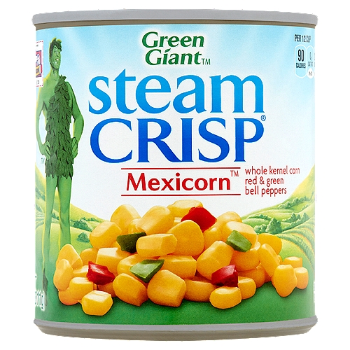 Green Giant Steam Crisp Mexicorn Whole Kernel Corn Red & Green Bell Peppers, 11 oz
SteamCrisp® corn is vacuum packed and perfectly steam-cooked in the can. It contains the same amount of product as our standard can of corn, but uses less water and packaging.