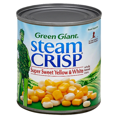 Green Giant Steam Crisp Super Sweet Yellow & White Whole Kernel Corn, 11 oz
Non-BPA lining*
*Can lining produced without the intentional addition of BPA.

SteamCrisp® corn is vaccuum packed and perfectly steam-cooked in the can.
It contains the same amount of product as our standard can of corn, but uses less water and packaging.