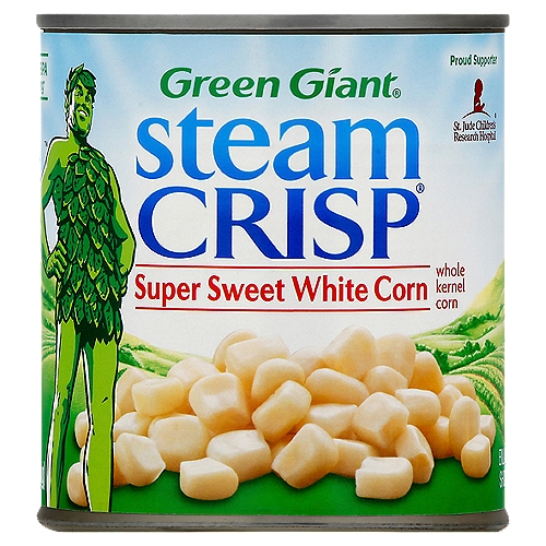 Green Giant Steam Crisp Super Sweet White Whole Kernel Corn, 11 oz
Non-BPA lining*
*Can lining produced without the intentional addition of BPA.

SteamCrisp® corn is vaccuum packed and perfectly steam-cooked in the can.
It contains the same amount of product as our standard can of corn, but uses less water and packaging.