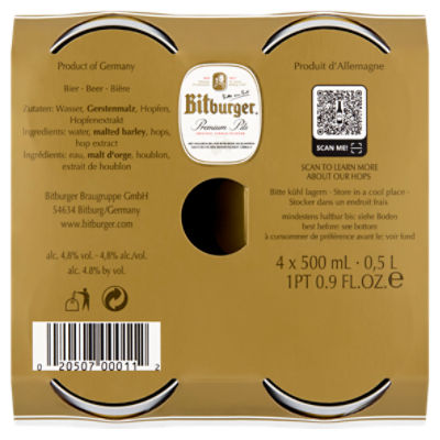 Bitburger Premium Pils Original German Pilsener Beer, 4 count, 1 pt 0.9 fl oz
